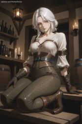 1girl ai_generated belt bookshelf boots breasts brown_footwear brown_gloves ciri cleavage gloves hi_res high_quality high_resolution indoors large_breasts leather looking_at_viewer pants patreon seductive sexy silver_hair sitting solo the_witcher_(series) uncensored watermark