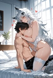 1boy 1girl ai_assisted ai_generated animal_ears arknights bangs bare_shoulders black_hair blush breasts closed_eyes curvaceous curvy curvy_female curvy_figure eyebrows_visible_through_hair female grey_eyes hair_ornament hairclip heart hetero indoors lappland_(arknights) large_breasts long_hair miyuai navel nipples open_mouth pillow scar scar_across_eye silver_hair smile stomach strapless sweat tail thick thick_ass thick_butt thick_hips thick_legs thick_thighs thighs voluptuous voluptuous_female white_legwear wide_hips wide_thighs window wolf_ears