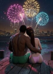1boy1girl 1girl1boy 3d ai ai-created ai_art ai_assisted ai_generated arms_around_partner asian_female back_view beach beach_shorts bikini bikini_top black_male bra carl_johnson city_background city_lights close_together couple crossover dark-skinned_male dead_or_alive eastern_and_western_character fireworks gangster gold_chain gold_jewelry gold_watch grand_theft_auto grand_theft_auto:_san_andreas heads_together heads_touching in_love interracial jewelry kasumi_(doa) koei_tecmo kunoichi leaning_on_partner leaning_on_person light-skinned_female los_santos love muscular muscular_male necklace night night_sky ninja ninja_gaiden ocean pink_bikini polka_dot_bikini ponytail rockstar_games romance romantic_ambiance romantic_couple romantic_night sand team_ninja thong watching wowzerspowzers