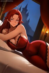 1girl ahoge ai_generated bare_shoulders blue_eyes breasts cleavage dress eris_greyrat hi_res high_quality high_resolution large_breasts long_hair looking_at_viewer lying mushoku_tensei night on_side patreon patreon_username red_dress red_hair seductive sexy smile solo uncensored watermark