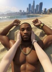 1boy1girl 1girl1boy 3d abs afternoon ai ai-created ai_art ai_assisted ai_generated asian_female beach beach_shorts black_male blue_sky bracelet carl_johnson city_background couple crossover dark-skinned_male dead_or_alive dreaming dreaming_about_sex eastern_and_western_character eyes_closed female_pov gangster gold_chain gold_jewelry gold_watch grand_theft_auto grand_theft_auto:_san_andreas hands_on_face heels high_heels interracial jewelry kasumi_(doa) knocked_out koei_tecmo kunoichi light-skinned_female looking_at_partner looking_down los_santos lying_down lying_on_back muscular muscular_male ninja ninja_gaiden ocean polka_dot_bikini ponytail pov rockstar_games romantic_couple sand six_pack team_ninja thong touching_partner worried_female wowzerspowzers