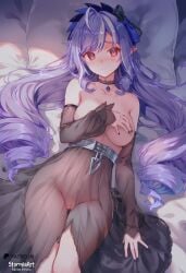 1girl ai_generated bed blush breasts choker dress female female_focus female_only highres indoors large_breasts long_hair looking_at_viewer lying nipples nsfw on_back pendant pointy_ears purple_hair pussy red_eyes see-through sheer_clothes solo stormiaart uncensored, vivian_(zenless_zone_zero) zenless_zone_zero