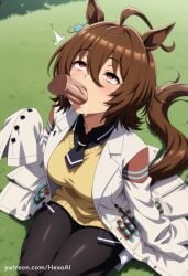 1boy 1girl agnes_tachyon_(umamusume) ahoge ai_generated animal_ears black_necktie black_pantyhose black_shirt blush breasts brown_hair coat collared_shirt disembodied_penis earrings english_text fellatio grass hair_between_eyes hetero hexogen horse_ears horse_girl horse_tail jewelry lab_coat long_sleeves medium_hair necktie open_clothes oral pantyhose patreon_username penis red_eyes seiza shirt short_hair short_necktie single_earring sitting sleeves_past_fingers sleeves_past_wrists solo_focus sweat sweater sweater_vest tail test_tube umamusume white_coat yellow_sweater