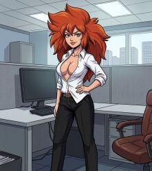 1girl 1girls ai_generated belt black_dress_pants black_pants cabinet chair cleavage clothed clothed_female collared_shirt computer cubicle dress_pants dress_shirt female female_focus female_only hand_on_hip looking_at_viewer nomad_of_nowhere office office_attire office_background office_chair office_clothes office_clothing office_cubicle office_desk office_girl office_lady office_lady_outfit office_lights office_outfit office_shirt office_suit office_uniform office_worker open_shirt pants red_hair rooster_teeth shirt skout smile solo solo_female solo_focus standing unbuttoned_shirt white_dress_shirt white_shirt window zupern0va_(manipper)