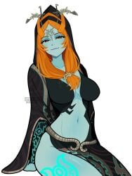 1girl 1girls absurd_res back_skirt blue_skin breasts collarbone hair_ornament highres hood long_hair looking_at_viewer midna midna_(true_form) navel side_slit sitting skirt smile smirk solo stomach the_legend_of_zelda the_legend_of_zelda:_twilight_princess two-tone_skin vivianvalenart white_background
