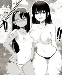 !! 1boy 2girls alternate_version_available annoyed big_breasts bikini black_hair blush breasts cleavage clothing curvy female glasses half-dressed hayase_nagatoro long_hair looking_at_viewer looking_away male misaki_nagatoro monochrome naoto_hachioji_(senpai) nipples nonamoth open_mouth please_don't_bully_me,_nagatoro shocked short_hair simple_background sisters small_breasts tanline topless watermark white_background wide_hips