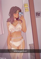 1girls bedroom bobafiish brown_hair chest_of_drawers dresser female female_focus female_only flower_lingerie garter_straps holding_phone lingerie lingerie_only looking_at_phone mirror mirror_selfie one_arm_up original polaroid post-it_note purple_eyes selfie simple_background snapchat snapchat_caption solo solo_female solo_focus sticky_note stockings taking_picture taking_selfie talking_to_viewer tan_skin