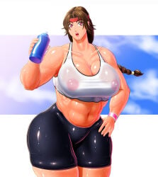 1girls areolae ass big_ass big_breasts big_tits bike_shorts braid braided_ponytail breasts brown_hair busty chest circle_max clothed female glowing_eyes hand_on_hip headband huge_breasts king_of_fighters light-skinned_female light_skin long_hair looking_at_viewer muscles muscular muscular_female nipples nipples_visible_through_clothing outside ponytail public shorts smile smiling_at_viewer sports_bra sports_uniform sportswear standing sunshine sweatdrop tank_top text thick_thighs thighs tied_hair tight_clothes voluptuous voluptuous_female wet wet_clothes wet_clothing white_skin white_tank_top white_topwear wide_hips yuri_sakazaki