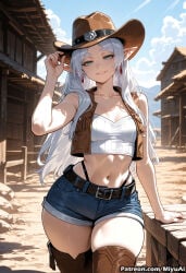 1girl ai_assisted ai_generated bare_shoulders belt boots breasts brown_footwear cleavage cowboy_hat curvaceous curvy curvy_female curvy_figure day denim earrings elf female frieren green_eyes hat jewelry long_hair looking_at_viewer midriff miyuai navel outdoors pointy_ears short_shorts shorts silver_hair sky sleeveless smile solo sousou_no_frieren standing thick thick_ass thick_butt thick_hips thick_legs thick_thighs thigh_boots thighhighs voluptuous voluptuous_female wide_hips wide_thighs