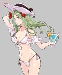 big_breasts bikini drink fire_emblem fire_emblem:_three_houses flower_in_hair green_eyes green_hair large_breasts looking_at_viewer nintendo rhea_(fire_emblem) sakuremi sun_hat