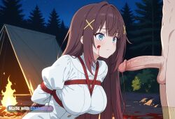 1girl absurdly_long_hair ai_assisted ai_generated anime_screencap blood_splatter blue_eyes brown_hair campsite close_up firelight flaccid_penis frowning high_quality juliet_sleeves kneeling long_sidelocks long_sleeves looking_at_penis night outside upper_body white_dress white_robe x_hair_ornament yellow_socks
