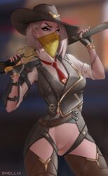 1girls 2d ashe_(overwatch) blizzard_entertainment casual_exposure cow_girl cowboy_hat cowgirl_hat female female_only gun half_nude mask mostly_clothed overwatch pussy shellvi shotgun showing_off showing_pussy tattoo vagina weapon white_hair