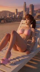 1girl 3d afternoon afternoon_sky ai ai-created ai_art ai_assisted ai_generated asian_female beach beach_chair bikini bikini_bottom bikini_top bra bracelet chair city_background crossover dead_or_alive eastern_and_western_character grand_theft_auto grand_theft_auto:_san_andreas heels high_heels impressed kasumi_(doa) koei_tecmo kunoichi light-skinned_female looking_into_the_distance los_santos lying_down lying_on_chair mouth_open mouth_opened necklace ninja ninja_gaiden pink_bikini polka_dot_bikini ponytail relaxing rockstar_games sand sunset surprised surprised_expression surprised_face team_ninja thighs thong wide_eyed wowzerspowzers