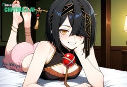1girl ai_assisted ai_generated anime_coloring anime_screenshot anklet bare_shoulders barefeet bedroom black_hair chest_jewel cleavage curvy_body detailed_feet eyes_half_closed feet_up grin hair_covering_one_eye hair_ornament looking_at_viewer mole_under_eye narrow_waist petite prone_position rope round_ass short_hair small_breasts soft_breasts the_pose tired wide_hips yellow_eyes