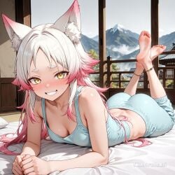 1girl ai_assisted ai_generated anklet bare_shoulders barefeet bedroom blurry_background cleavage cowboy_shot curvy_body detailed_feet east_asian_architecture eyes_half_closed feet_up fog grey_background grey_sky grin looking_at_viewer mountainous_horizon multicolored_hair narrow_waist nose_blush open_mouth outdoors own_hands_together petite pink_hair prone_position round_ass skin_fang small_breasts soft_breasts solo standing tensei_shitara_slime_datta_ken the_pose tired wavy_mouth white_hair wide_hips wolf_ears yellow_eyes