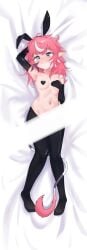 aura bed bunny_ears bunnysuit camila_(vtuber) censored dakimakura_design eggtheripist heart_shaped_pasties imp indie_virtual_youtuber latex latex_armwear latex_clothing latex_legwear pasties pink_hair purple_hair sharp_ears tail virtual_youtuber vtuber vtuberfanart