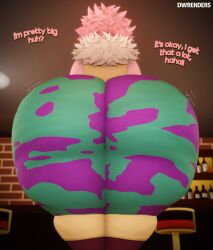 1girls 3d 3d_(artwork) ass clothed clothed_female dwrenders english_text female female_only huge_ass mina_ashido my_hero_academia pink_hair rear_view solo solo_female text