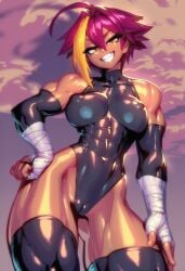 1girls abs ai_generated bare_arms bare_legs bare_shoulders bare_thighs big_breasts clothed clothing color female female_focus female_only fit_female gigiti hi_res large_breasts marle_baroque muscles muscular muscular_arms muscular_female muscular_legs muscular_thighs purple_hair reincarnation_coliseum sharp_teeth short_hair smug smug_face solo solo_female thick_thighs trogiai