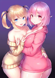 2girls ass bare_shoulders between_breasts blonde_hair blue_eyes bottomless breast_grab breast_press breasts cleavage face-to-face fingering grabbing gradient gradient_background hand_between_breasts hand_on_another's_ass hand_on_another's_chest highres long_hair looking_back moaning multiple_girls oerba_yun_fang off-shoulder_sweater off_shoulder open_mouth original pink_eyes pink_hair pink_shirt ribbon shirt short_hair simplified_chinese_text small_breasts sweater symmetrical_docking tears thighs tsukumiya_amane twintails yellow_sweater yuri