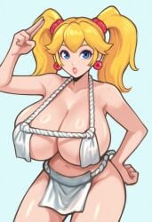 1girls :o alternate_breast_size alternate_costume alternate_hairstyle areola_slip bare_arms bare_shoulders blonde_hair blue_background blue_eyes borrowed_design breast_curtains breasts cleavage collarbone cowboy_shot curvy earrings eyeshadow fundoshi hair_ornament hair_scrunchie hair_tie hand_on_own_hip hand_up huge_breasts japanese_clothes jewelry lips lipstick loincloth long_hair looking_at_viewer makeup mario_(series) medium_hair navel nintendo parted_lips pelvic_curtain pink_eyeshadow pink_lips princess_peach puckered_lips purple_eyeshadow revealing_clothes salute scrunchie shiny_skin sidelocks simple_background solo sphere_earrings standing stomach super_princess_peach thick_lips thick_thighs thighs twintails two-finger_salute