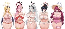 1girl absurdres aged_up alternate_breast_size_(larger) bare_shoulders bikini black_hair blonde_hair blue_archive blue_eyes blush braid breasts cameltoe chiaki_(blue_archive) choker cleavage cleft_of_venus collarbone demon_girl demon_horns demon_tail demon_wings fishnet_shrug grey_hair groin hair_bun hair_over_one_eye halo high_ponytail highres horns huge_breasts ibuki_(blue_archive) iroha_(blue_archive) jewelry large_breasts long_hair looking_at_viewer low_twin_braids makoto_(blue_archive) navel necklace one-piece_swimsuit pink_one-piece_swimsuit pointy_ears ponytail pussy red_eyes red_halo satsuki_(blue_archive) see-through_bikini see-through_clothes shangdi_de_fa_zhang shrug_(clothing) single_hair_bun smile solo swimsuit tail thick_thighs thighs twin_braids v very_long_hair white_bikini white_shrug wings yellow_eyes yellow_halo