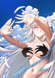 1girls absurd_res blue_eyes blush braid breasts cleavage fate/grand_order fate_(series) female female_focus flower from_below hand_shadow_covering_breasts_(meme) highres large_breasts long_hair longdq3008 meme morgan_le_fay_(fate) morgan_le_fay_(water_princess)_(fate) navel nude ponytail ribbon sidelocks solo_female upper_body very_long_hair white_hair