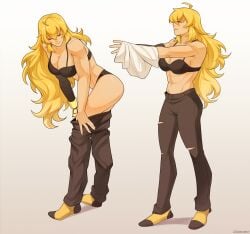 1girls blonde_female blonde_hair bra half-dressed half_naked half_naked_female panties removing_clothing rwby solo_female yang_xiao_long yellow_nicky_(artist)