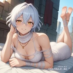 1girl ai_assisted ai_generated anklet bandaged_arm bandaged_leg bare_shoulders barefeet bedroom blush city cleavage code_vein curvy_body detailed_feet eyes_half_closed feet_up grin hair_between_eyes looking_at_viewer narrow_waist outdoors parted_lips petite prone_position ribbed_sweater round_ass ruins short_hair small_breasts soft_breasts solo sweater_dress the_pose tired turtleneck_sweater white_hair white_sweater wide_hips yellow_eyes