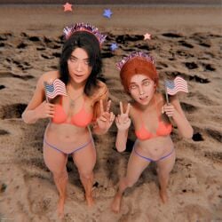 2girls 3d 3d_(artwork) 3d_render 4th_of_july abs american_flag beach belly belly_button bikini black_hair blue_eyes breasts brown_eyes clair_obscur:_expedition_33 feet freckles headband headwear holidays lune_(clair_obscur:_expedition_33) maelle_(clair_obscur:_expedition_33) peace_sign red_eyes rotosama smile smiling stomach sweat sweating thong_bikini tongue tongue_out