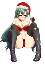 1girls bare_shoulders bare_thighs blush boots christmas christmas_outfit cleavage embarrassed fire_emblem fire_emblem:_the_blazing_blade green_eyes green_hair large_breasts long_gloves long_hair looking_away lyn_(fire_emblem) midriff mistletoe panties red_panties santa_hat willanator