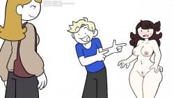 1boy 2girls bag black_pants blonde_hair blue_shirt blush breasts brown_hair closed_eyes closed_mouth clothed_female_nude_female clothed_male_nude_female completely_nude curvy embarrassed exhibitionism female female_pubic_hair finger_gun happy huge_breasts jaiden jaiden_(jaiden_animations) jaiden_animations jaidenanimations large_breasts long_hair long_sleeves looking_at_another medium_breasts multiple_girls navel nipples nude open_mouth orange_hair pants pointing pointing_at_another pubic_hair pussy sexy sexy_pose shirt short_hair simple_background smile standing steca surprised sweatdrop thelazyart thick thick_legs white_background wide_hips youtube youtuber youtuber_character youtuber_girl youtubers