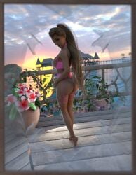 1girls ass blonde_hair dead_or_alive lingerie long_hair marie_rose ponytail pose seaside solo sunset tan_skin tanline