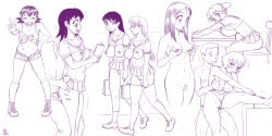 1boy 6+girls aged_up artist_name azumanga_daiou blush book bouncing_breasts breast_rest breasts breasts_out casual_sex chiyo_mihama cleft_of_venus closed_eyes clothing_aside completely_nude crop_top cutoffs denim denim_shorts erection fat_mons female_pubic_hair functionally_nude glasses grabbing_from_behind grabbing_own_breast hetero highres kagura_(azumanga_daioh) koyomi_mizuhara large_breasts linea_alba lineart long_hair looking_at_another looking_at_viewer looking_down looking_to_the_side microskirt monochrome multiple_girls multitasking navel nipples no_bra no_panties nude one-piece_swimsuit osaka_ayumu_kasuga penis pubic_hair public_indecency pussy sakaki school_uniform serafuku sex short_shorts short_twintails shorts sideboob simple_background sitting skirt smile spidu standing standing_sex swimsuit swimsuit_aside tareme tomo_takino tsurime twintails v vaginal waist_grab watermark white_background