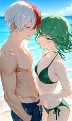 1boy 1girls ai_generated beach bikini bikini_top boku_no_hero_academia crossover green_eyes green_hair happy multicolored_hair muscular_male my_hero_academia one-punch_man ready_for_sex red_and_white_hair sea seductive seductive_smile sexy sexy_bikini sexy_body sexy_female shouto_todoroki standing swelling swimming_trunks tatsumaki todoroki_shouto