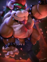 2020 anthro armband biceps body_hair bowser bowser_day bulge castle chest_fur chest_hair choker claws clothing drawller facial_hair fangs genitals goatee grin hair happy_trail hi_res high-angle_view horn jewelry koopa lava looking_at_viewer male male_only mario_(series) mostly_nude musclegut muscular muscular_anthro muscular_male necklace nintendo nipples open_mouth pecs penis pubes quads red_eyes red_hair scales scalie sharp_teeth shell smile solo speedo spikes super_mario_bros. swimwear teeth toe_claws triceps vein veiny_penis video_games wristband