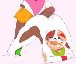 1futa 1girls bea_(brawl_stars) bodysuit brawl_stars cat_tail dark-skinned_futa jack-o_pose large_penis light-skinned_female neko_bea_(brawl_stars) rosa_(brawl_stars) tail_around_partner