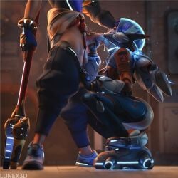 1boy 1girls 3d 3d_(artwork) ass balls big_ass big_balls big_penis blowjob clothed clothed_sex fellatio female huge_balls huge_penis juno_(overwatch) kneeling kneeling_female kneeling_oral_position lunex3d male oral oral_sex overwatch overwatch_2 pants pants_pull pants_pulled_down penis penis_in_mouth saliva saliva_trail standing_male tagme thick_cock wuyang