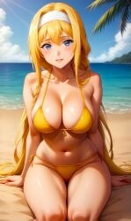1girls ai_generated alice_zuberg anime anime_girl babe bangs beach beautiful_girl belly_button big_breasts bikini bimbo blue_eyes busty_female clouds curvy_figure daylight european fantasy female happy headband heroine horizon hot island kawaii long_hair looking_at_viewer lovely navel ocean_background palm_tree pigtails sand sea sexy smiling_at_viewer solo_focus stable_diffusion sunlight sword_art_online sword_art_online:_alicization swordswoman thick_thighs toongenai vacation warrioress yellow_swimsuit