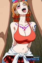 1girl 1girl1boy ai_assisted ai_generated arms_behind_back arousal blowjob blue_sky brown_eyes cleavage close_up cock d deepthroat erect eyes_rolled_back eyewear_on_head fellatio gold_hoop_earrings intimate jacket_around_waist large_breasts licking looking_at_viewer lustful moaning nami navel one_eye_closed one_piece oral_sex penis pink_glasses pleasure quivering red_crop_top saliva slobber solo standing suction tongue twin_braids worship
