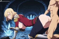 1boy 1girl ai_generated all_fours armor ass black_pants blonde_hair blush breasts breasts_out cave cha_hae_in clenched_teeth clothed_female_nude_male clothed_sex digitalwaifugallery doggystyle gauntlets gloves hetero hi_res high_quality high_resolution jacket large_breasts nipples nude pants patreon patreon_username penis purple_eyes pussy red_jacket seductive sex sex_from_behind sexy short_hair shoulder_armor solo_focus solo_leveling teeth uncensored vaginal watermark