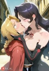 ai_generated assertive_futa big_ass black_dress black_hair blonde_hair breasts_press breasts_pressed_together closed_eyes cowboy_shot deep_kiss deep_kissing edward_elric fai_ai_ femboy fullmetal_alchemist futa_on_male futanari grabbing_cheek huge_breasts kiss kissing large_breasts lips long_hair lust_(fullmetal_alchemist) makeup otoko_no_ko otokonoko skinny slender_body slender_waist sloppy_kiss