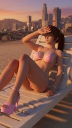 1girl 3d afternoon afternoon_sky ai ai-created ai_art ai_assisted ai_generated asian_female beach beach_chair bikini bikini_bottom bikini_top bra bracelet chair city_background covering_face crossover dead_or_alive eastern_and_western_character eyes_closed grand_theft_auto grand_theft_auto:_san_andreas hand_on_head heels high_heels kasumi_(doa) koei_tecmo kunoichi leaning_back light-skinned_female los_santos lying_down lying_on_chair necklace ninja ninja_gaiden pink_bikini polka_dot_bikini ponytail relaxing rockstar_games sand sunset team_ninja thighs thong wowzerspowzers