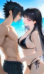 1boy 1girls ai_generated beach bikini bikini_top bishoujo_senshi_sailor_moon black_eyes black_hair crossover happy muscular_male naruto naruto_(series) naruto_shippuden purple_eyes ready_for_sex red_and_white_hair rei_hino sailor_mars sea seductive seductive_smile sexy sexy_bikini sexy_body sexy_female standing swelling swimming_trunks uchiha_sasuke
