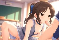 1girl ai_assisted ai_generated brown_eyes brown_hair classroom cock_in_pussy collar collarbone cowgirl creampie grey_dress inside leaning_forward long_dress long_sleeves moaning parted_bangs pencil_dress ponytail pussy_sex saliva shaking side_view sleeveless_dress spread_legs tachibana_arisu