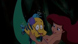 1boy 1girls ariel ariel_(the_little_mermaid) breasts disney female flounder kaden_(artist) male mermaid redhead screenshot screenshot_edit seashell_bra the_little_mermaid underwater