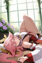 1girl ai_generated animal_ears bangs bare_shoulders breasts detached_sleeves earrings eyebrows_visible_through_hair flower fox_ears genshin_impact hair_between_eyes hi_res high_quality high_resolution indoors japanese_clothes jewelry knees_up large_breasts long_hair looking_at_viewer lying on_back patreon pink_hair purple_eyes seductive sexy sliding_doors smile solo uncensored very_long_hair watermark wide_sleeves yae_miko yae_sakura