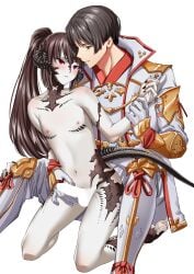 2boys armor asahi_sas_brutus au_ra black_eyes black_hair black_horns black_scales black_tail blank_censor blunt_bangs bowl_cut censored completely_nude couple dragon_horns feet_out_of_frame filigree final_fantasy final_fantasy_xiv fingernails full_body genderswap genderswap_(otm) gloves hand_on_another's_hip highres holding_another's_wrist horns hyur izumi_tol_amulius izumi_whale japanese_clothes long_hair male_focus multiple_boys nude open_mouth original ponytail red_eyes red_trim scales sharp_fingernails short_hair smile tail yaoi