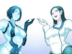 2d 2girls 343_industries areolae artificial_intelligence artist_request big_breasts black_hair blue_eyes blue_hair blush bob_cut bungie clothed_female_nude_female cortana cortana_v2 erect_nipples female female_focus female_only halo_(series) halo_4 halo_wars hologram holographic human long_black_hair long_hair looking_at_viewer microsoft military_uniform multiple_girls nipples open_mouth serina_(halo) short_blue_hair short_hair simple_background