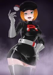 1girl belt black_dress boots breasts dress gloves green_eyes grey_belt grey_gloves hand_on_own_hip hand_up kasumi_(pokemon) looking_at_viewer misty_(pokemon) nintendo open_mouth orange_hair poke_ball poke_ball_(basic) pokemon pokemon_(anime) pokemon_(classic_anime) portrait shiny_clothes short_dress short_hair smile solo team_rocket team_rocket_uniform thigh_boots thighhighs thighs tongue white_belt zettai_ryouiki