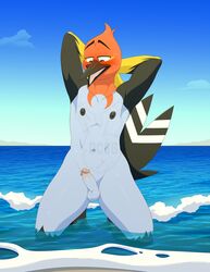 1boy anthro anthrofied avian beach circumcised dragonclaw36 feathers fletchinder genitals hands_behind_head hi_res humanoid_genitalia male male_only navel nintendo nipples nude penis pokémon_(species) pokemon sand sea seaside solo tail_feathers video_games water wave